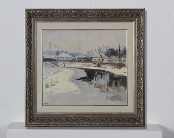 Winter river landscape, vintage oil painting, impressionist art, near the village, beautiful landscape, original oil painting, living room decor