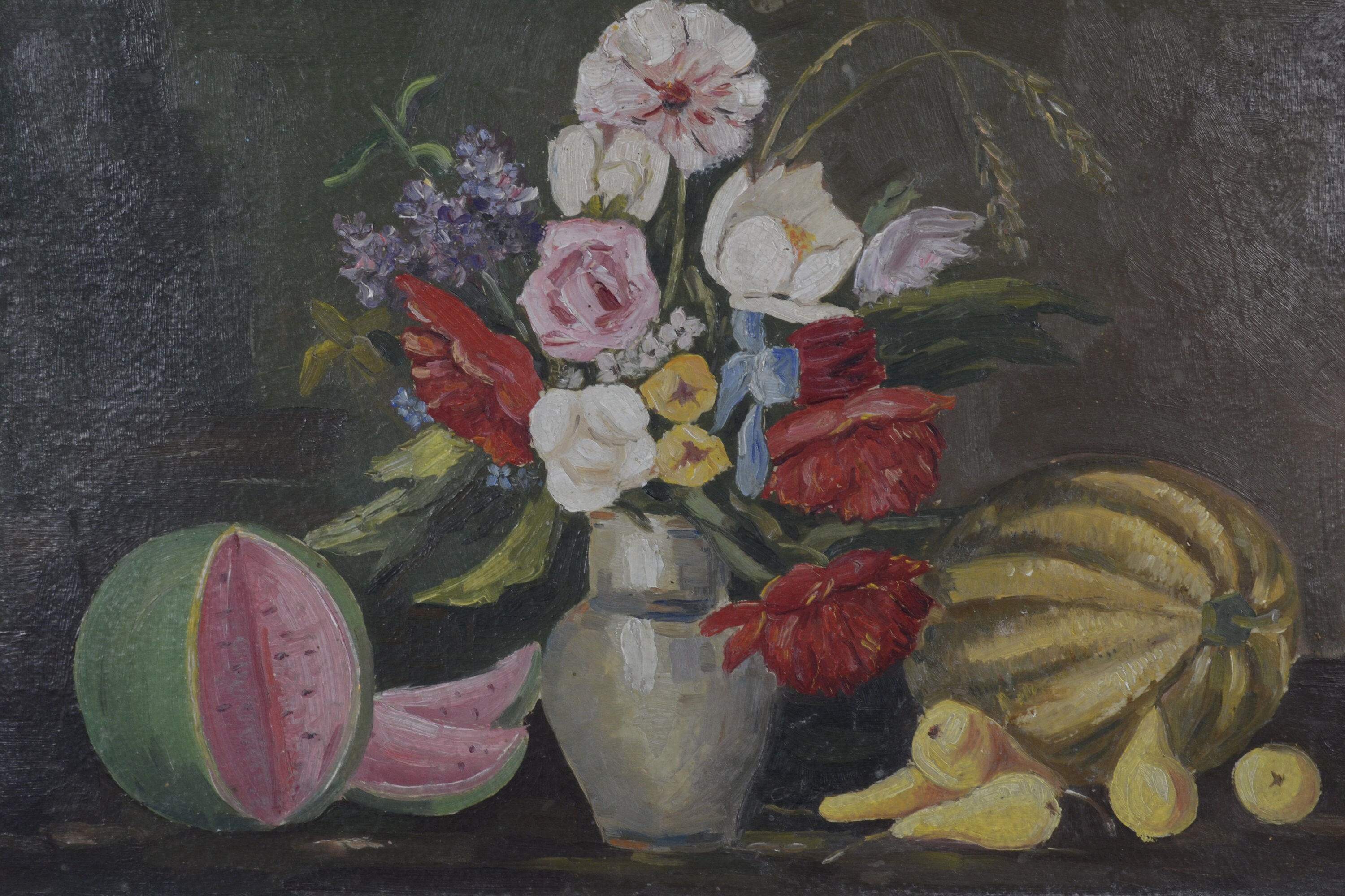 花と果物のある静物画、印象派、ヴィンテージ絵画、花の静物画、油絵