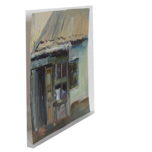 May include: A painting of a small, weathered house with a partially open door and a window. The house is painted in shades of blue, green, and brown. The roof is a faded brown.