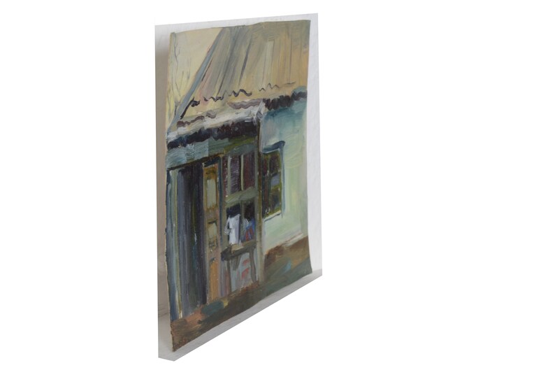 May include: A painting of a small, weathered house with a partially open door and a window. The house is painted in shades of blue, green, and brown. The roof is a faded brown.