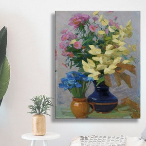 Impressionism, floral still life, flowers in a vase, oil painting, art and collectibles, kitchen decor