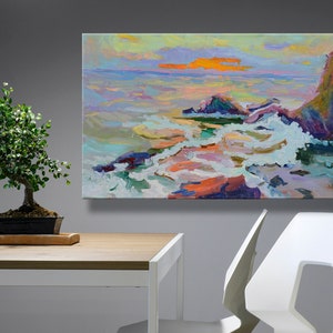 Mar com pedras, litoral rochoso, pintura a óleo original, impressionismo, arte e itens colecionáveis, decoração de sala de estar