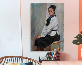 Girl portrait, portrait painting, vintage painting, oil painting, impressionism, arts and collectibles, living room decor