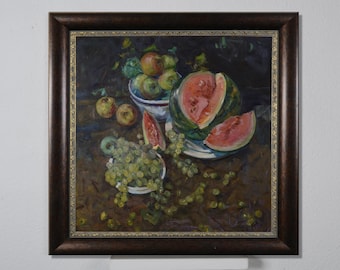 Fruit still life, autumn assortment, grapes with apples, fruit mood, Ukrainian impressionism, author's painting, art decor