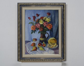 Floral still life with fruits, oil painting,pears apples,art impressionism,roses on the table in a vase,decor for the kitchen or living room
