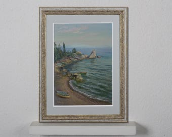 Seascape, by the sea, boats on the shore, oil painting, summer mood, impressionist art, art and collectibles, living room decor