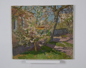 May include: A painting of a blooming tree in a garden setting. The tree is in the center of the painting and is surrounded by green grass and a fence. The tree has white and pink flowers. The painting is done in a realistic style and has a warm, inviting feel.