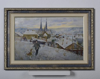 Cityscape, genre landscape with dog, vintage oil painting, winter landscape, Ukrainian impressionism, children in the yard, living room decor
