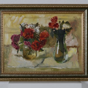 Bodegón de flores, rosas sobre la mesa, pintura al óleo, pintura vintage, impresionismo artístico, pintura de flores, decoración de arte de la sala de estar