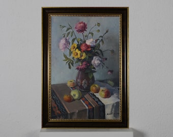Floral still life with fruits, oil painting, still life apples, art impressionism, roses on the table in a vase, decor for the kitchen