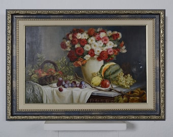 Floral still life, oil painting, still life with fruit, art impressionism, aster on the table in a vase,decor for the kitchen or living room