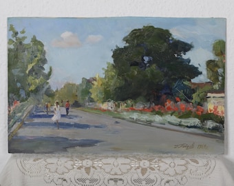 Genre painting, vintage summer landscape, impressionism art, woman in light dress, vintage painting, summer genre painting, home decor