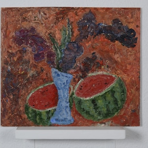 Bodegón con flores y sandía, pintura al óleo vintage, bodegón original, bodegón de frutas, flores y frutas, decoración de la cocina