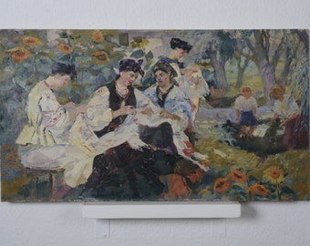 Genre painting, vintage summer landscape, Ukrainian art impressionism, painting of woman embroider, vintage painting, oil painting, home decor