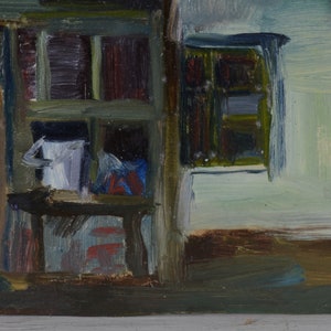 May include: A painting of a building with a window and a door. The building is painted in shades of brown, green, and blue. The window is open and the door is closed. The painting is done in a loose, impressionistic style.