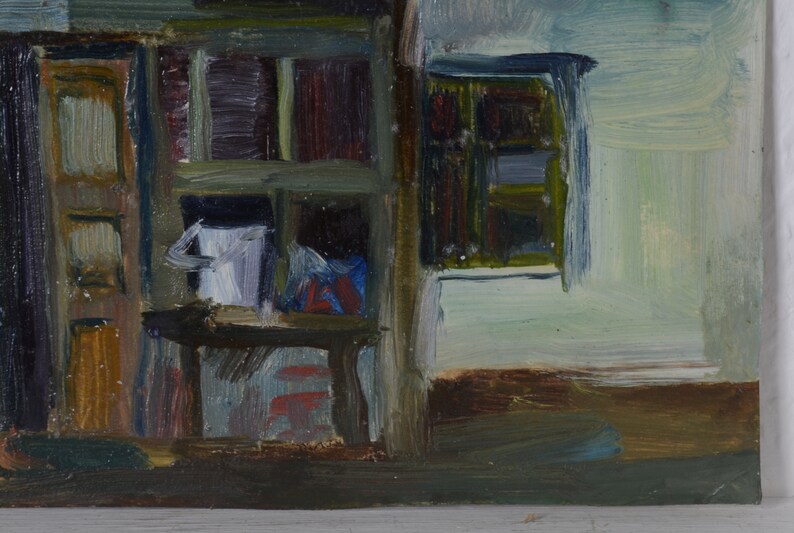 May include: A painting of a building with a window and a door. The building is painted in shades of brown, green, and blue. The window is open and the door is closed. The painting is done in a loose, impressionistic style.