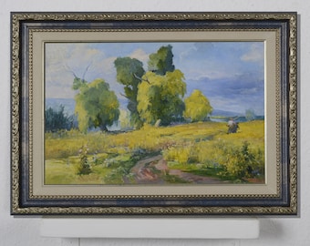 Summer landscape with people, river landscape, oil painting, impressionist art, genre painting, original oil painting, living room decor