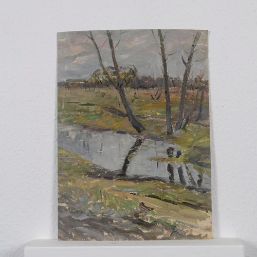 Spring landscape, trees shops by the river, vintage art, impressionism, living room decor