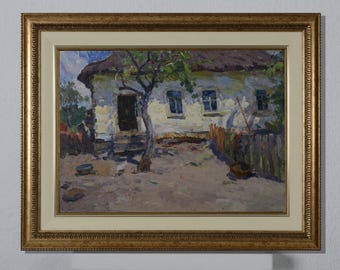 Landscape painting, vintage oil painting, spring landscape, Ukrainian impressionism, nature landscape, spring day, farmhouse, living room decor