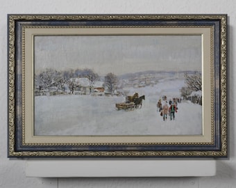 Genre landscape, rural landscape, vintage landscape with people, vintage painting, winter landscape, art impressionism, living room decor