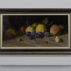 Natureza morta de frutas, pintura a óleo, natureza morta com ameixas e maçãs, natureza morta rural, impressionista ucraniano, coleção, decoração de casa