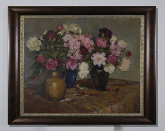 Floral still life, vintage oil art, still life with peonies, flowers in a vase on the table, art impressionism, staged still life, home decor