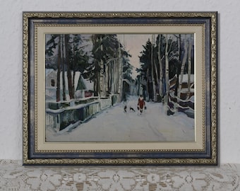 Winter landscape, vintage oil painting, genre landscape, Ukrainian impressionism, natural landscape, in the village, living room decor