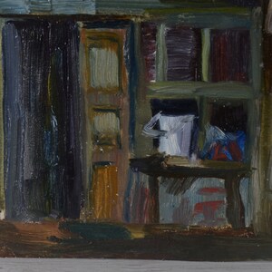 May include: A painting of a room interior with a wooden door, shelves, and a table. The painting is done in a dark, muted palette with shades of brown, green, and blue.