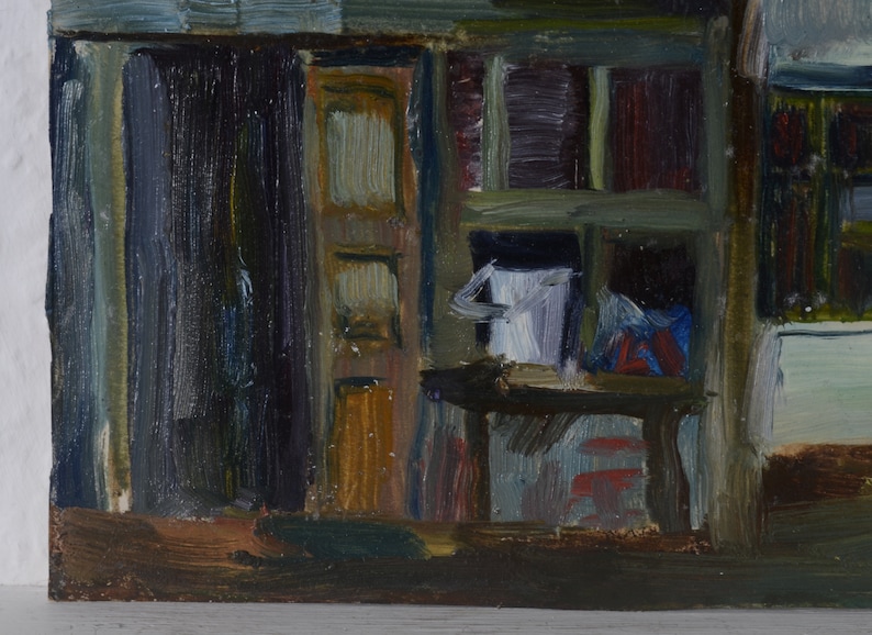 May include: A painting of a room interior with a wooden door, shelves, and a table. The painting is done in a dark, muted palette with shades of brown, green, and blue.