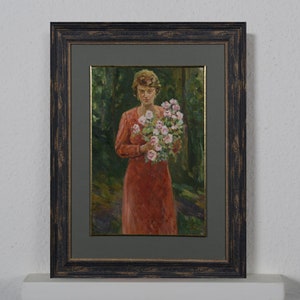 Pintura de género, niña con flores, pintura vintage, pintura al óleo, ramo encantador, pintura de colección, arte impresionismo, decoración del hogar de arte