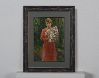 Genre painting, girl with flowers, vintage painting, oil painting, lovely bouquet, collection painting, art impressionism, art home decor
