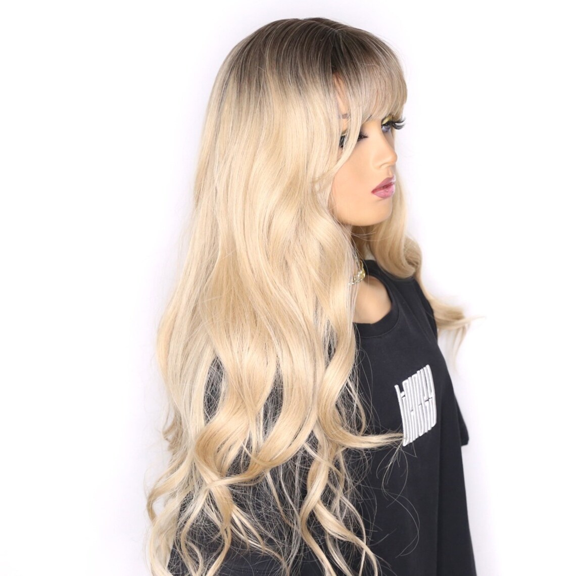 Long Ombre Blonde Wig With Bangs Two Tone Wigs Etsy