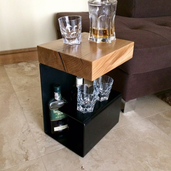 Side Table End Table Whiskey Stand Oak Top With Steel Base Etsy