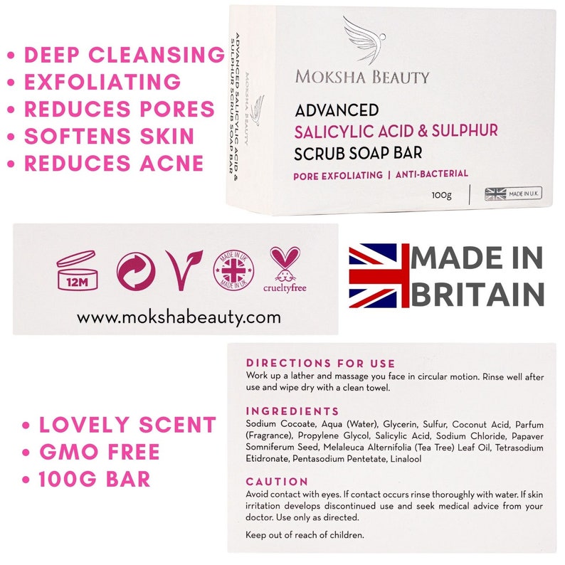 Sulphur Soap Bar With Salicylic Acid made in U.K Advanced Salicylic Acid & Sulphur Scrub Face