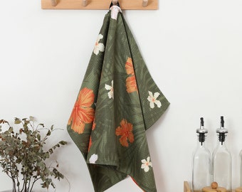 Paño de cocina hawaiano de secado rápido/paño de cocina absorbente de tejido gofrado – Diseño moderno de hojas verdes
