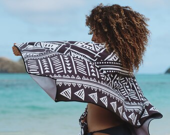 Toalla de playa hawaiana de microfibra / Ligera / Secado rápido / Sin arena - Estampado tribal negro