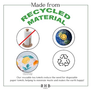 May include: A graphic with the text "Made from Recycled Material" in green letters. The graphic shows four images: a paper towel roll with a red line through it, a globe with a smiley face, a tea towel with a lemon and orange pattern, and a recycling symbol.