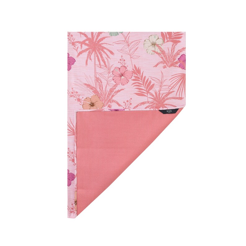 May include: Pink table runner with a floral pattern featuring pink hibiscus flowers and palm trees. The runner is reversible with a solid pink color on the other side.