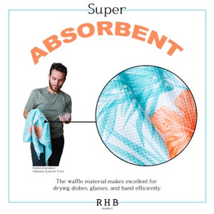 K&ouml;nnte beinhalten: Ein Geschirrtuch mit t&uuml;rkisfarbenem und wei&szlig;em Muster mit orangefarbenen floralen Akzenten. Eine Nahaufnahme zeigt die Waffelstruktur. Der Text auf dem Handtuch lautet "Super ABSORBENT". Zum Trocknen von Geschirr und Gl&auml;sern.