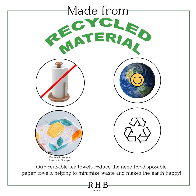K&ouml;nnte beinhalten: Ein Bild, das wiederverwendbare Geschirrt&uuml;cher aus recyceltem Material bewirbt. Das Bild enth&auml;lt ein Zitronen- und Orangengeschirrtuch, einen Globus mit einem Smiley und ein Recycling-Symbol. Der Text lautet: &bdquo;Unsere wiederverwendbaren Geschirrt&uuml;cher reduzieren den Bedarf an Einweg-Papiert&uuml;chern, helfen, Abfall zu minimieren und machen die Erde gl&uuml;cklich!"