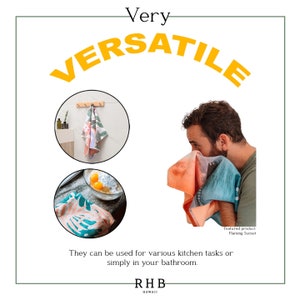 May include: A set of colorful kitchen towels with various patterns. The towels are shown being used for different tasks, such as drying hands and wiping up spills. The text "Very Versatile" is displayed above the image, and the text "Featured product Flaming Sunset" is displayed below the image. The text "They can be used for various kitchen tasks or simply in your bathroom." is displayed below the featured product text. The text "RHB HAWAII" is displayed at the bottom of the image.