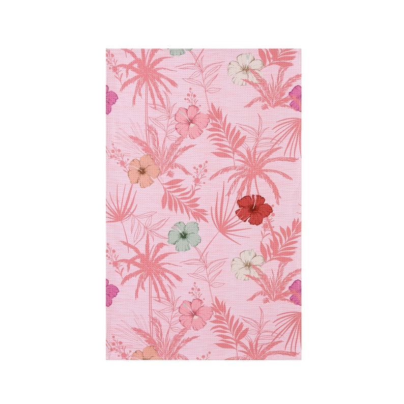May include: Pink kitchen towel with a tropical floral pattern featuring pink, red, green, and white hibiscus flowers and palm trees.