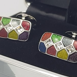 Hand made Austrian crystal and Enamel Cufflinks, Stylish Art Deco inspired, multi-coloured cuff links