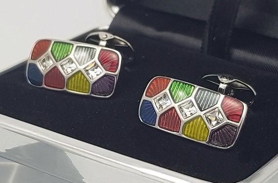 Hand made Austrian crystal and Enamel Cufflinks, Stylish Art Deco inspired, multi-coloured cuff links