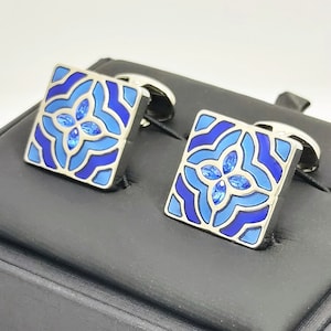 Austrian cut sapphire crystal Cufflinks. Men's sapphire blue enamel cufflinks Made in England, September Birthstone cufflinks FREE SHIPPING.