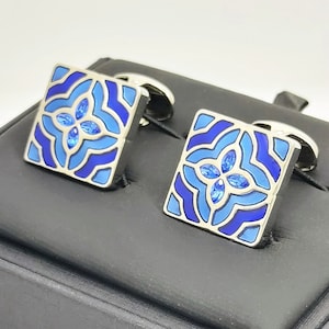 Austrian Crystal Sapphire Cufflinks: Blue Enamel, Handmade in England, Birthstone cuff links