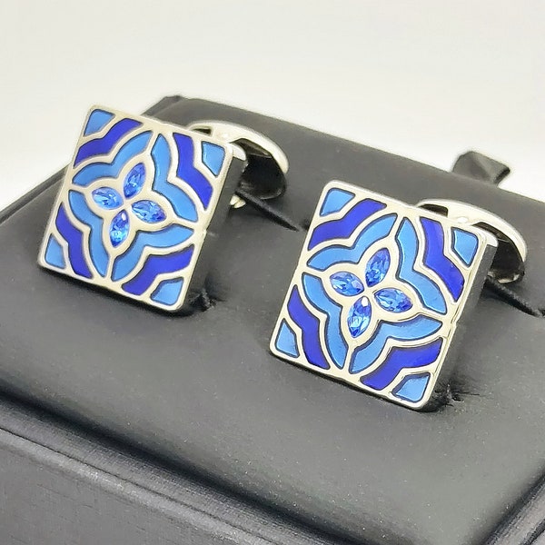 Austrian cut sapphire crystal Cufflinks. Men's sapphire blue enamel cufflinks Made in England, September Birthstone cufflinks FREE SHIPPING.