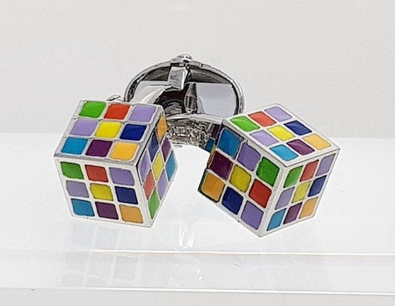Men's cufflinks, Hand Painted Enamel cuff links, 3D Retro Rubik cube Cufflinks, FREE DELIVERY!