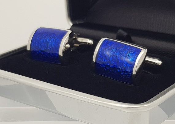 Handmade Royal blue Enamel cufflinks, wonderful RUSTIC hammered base. Very nice!