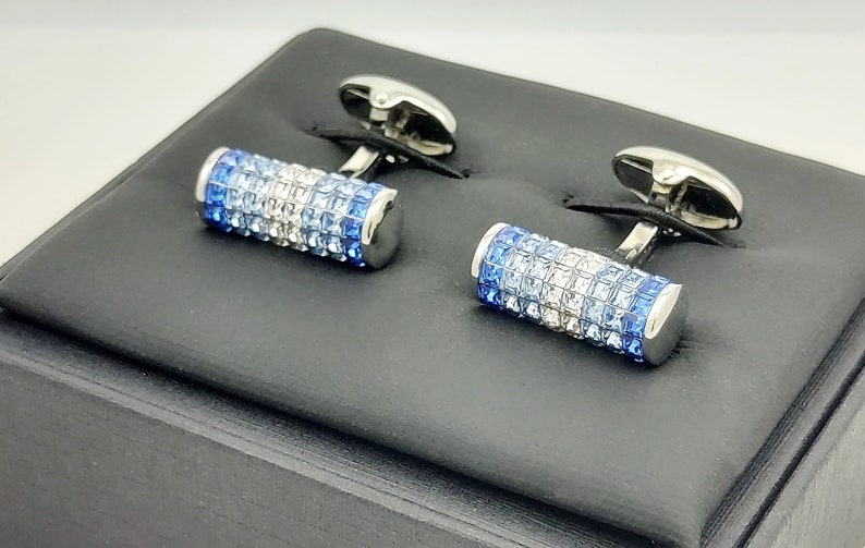 Men's Sapphire Crystal Cufflinks, Stunning Cylindrical Crystal cufflinks, light and dark tone Crystal Sapphires, gifs for him. FREE DELIVERY image 9